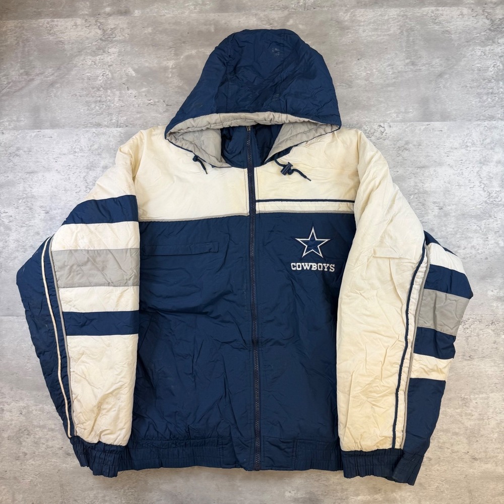 Vintage Official Fan Dallas Cowboys Puffer Jacket Navy Cream Hooded Mens Large